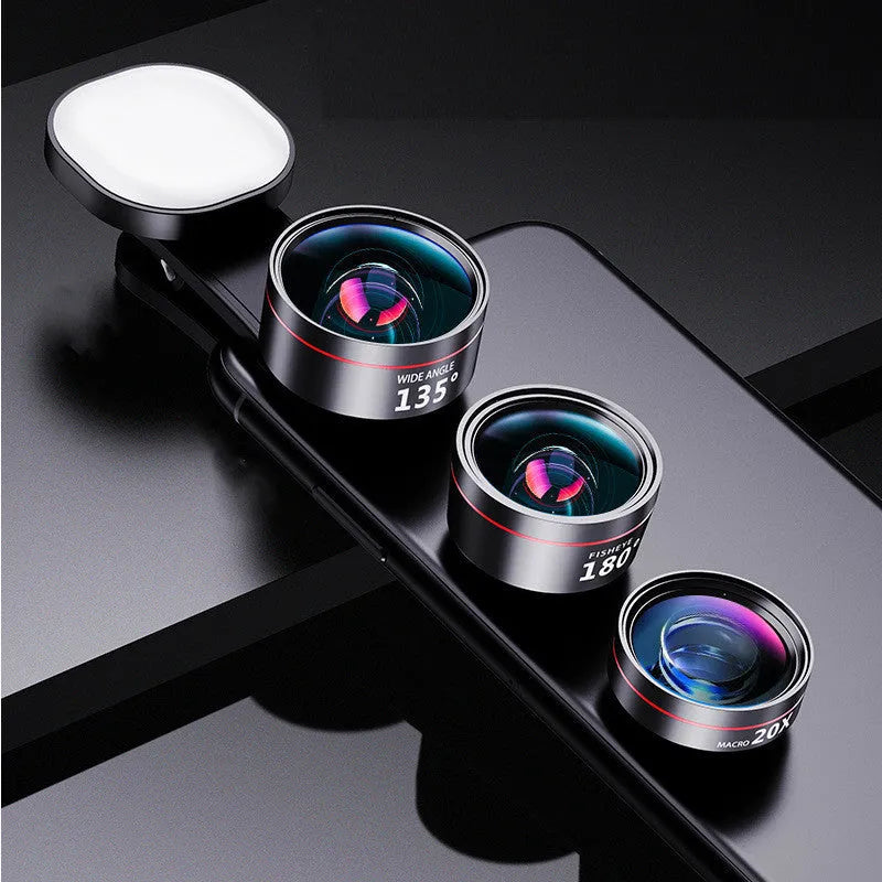 Universal mobile phone camera attachment with integrated fill light and multiple lens options