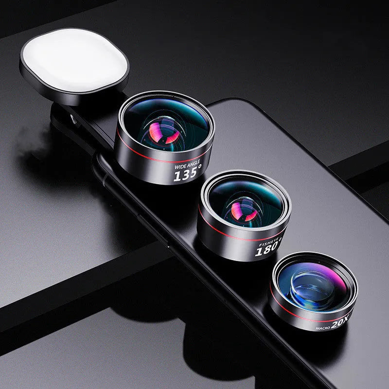 Universal mobile phone camera attachment with integrated fill light and multiple lens options