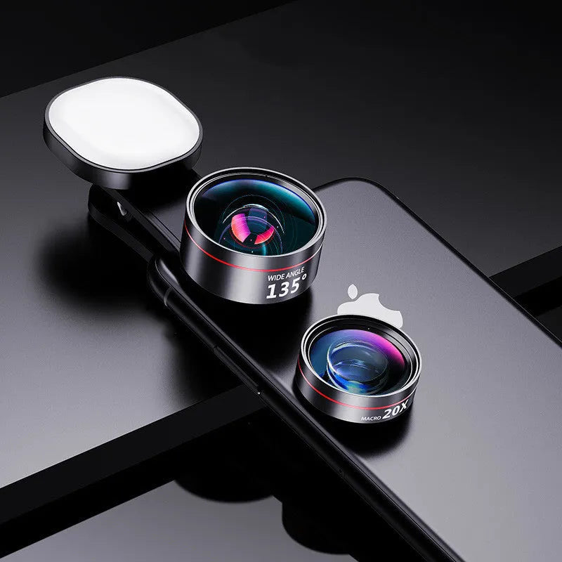 Universal mobile phone camera attachment with integrated fill light and multiple lens options
