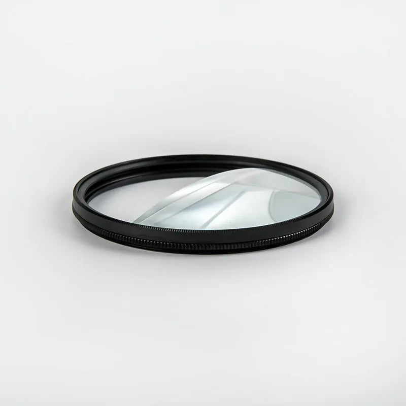 77mm half moon mirror camera filter with cleaning cloth and storage bag for creative photography effects.