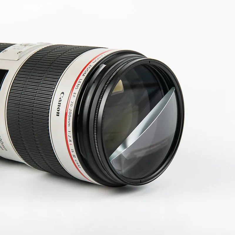 77mm half moon mirror camera filter with cleaning cloth and storage bag for creative photography effects.