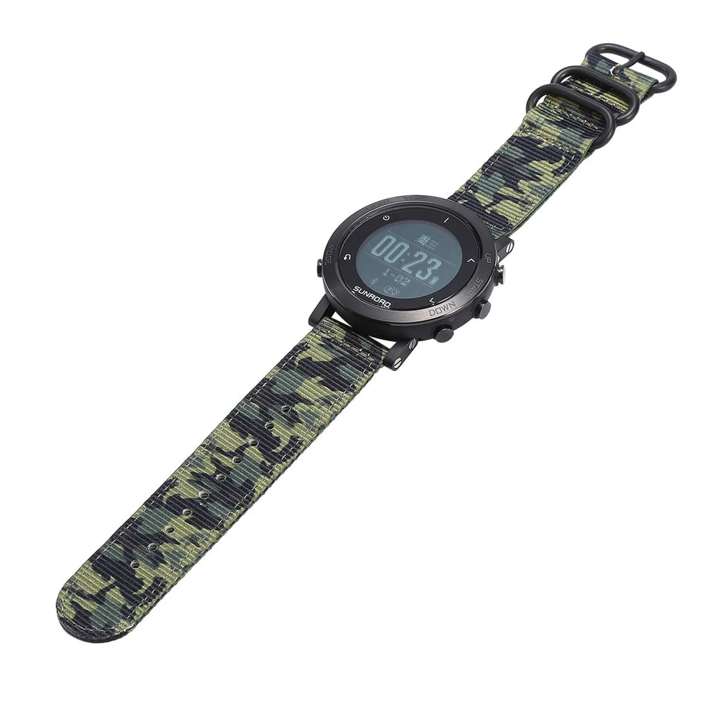 Smart sports watch with stainless steel bezel on a black nylon strap, showing GPS and heart rate data on display.