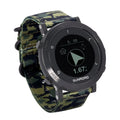 Smart sports watch with stainless steel bezel on a black nylon strap, showing GPS and heart rate data on display.
