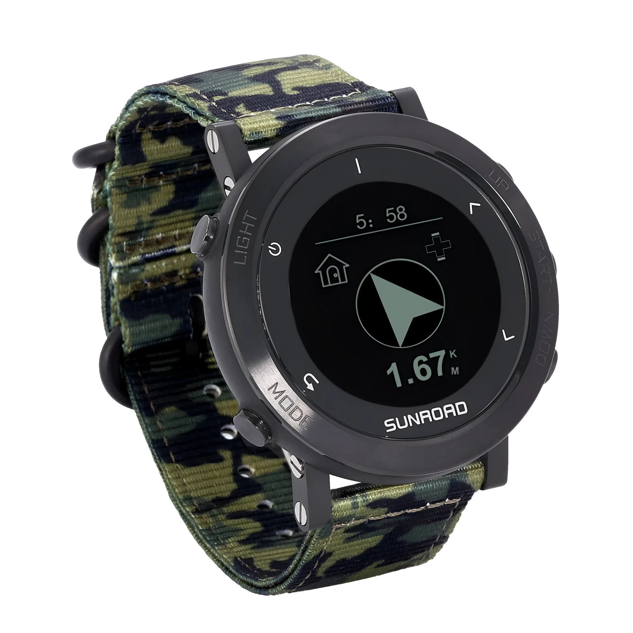 Smart sports watch with stainless steel bezel on a black nylon strap, showing GPS and heart rate data on display.