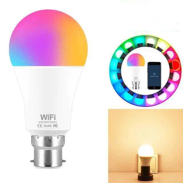 WiFi smart light bulb with RGB colour and white light modes, compatible with B22 and E27 fittings.