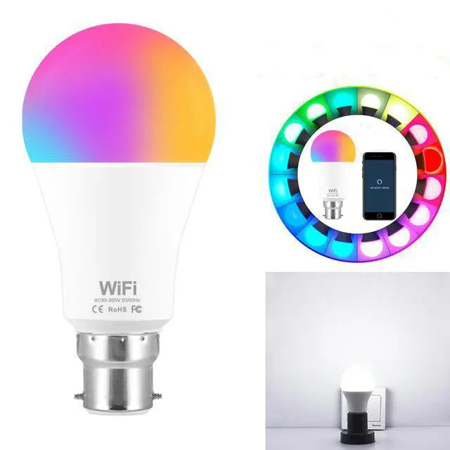 WiFi smart light bulb with RGB colour and white light modes, compatible with B22 and E27 fittings.