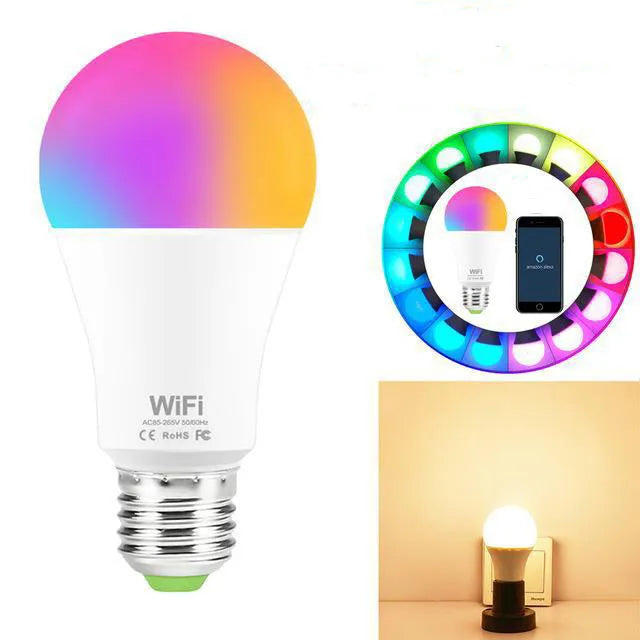 WiFi smart light bulb with RGB colour and white light modes, compatible with B22 and E27 fittings.