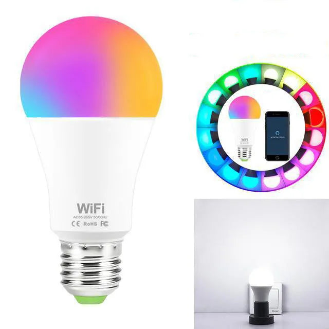 WiFi smart light bulb with RGB colour and white light modes, compatible with B22 and E27 fittings.
