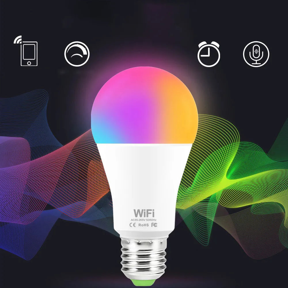 WiFi smart light bulb with RGB colour and white light modes, compatible with B22 and E27 fittings.