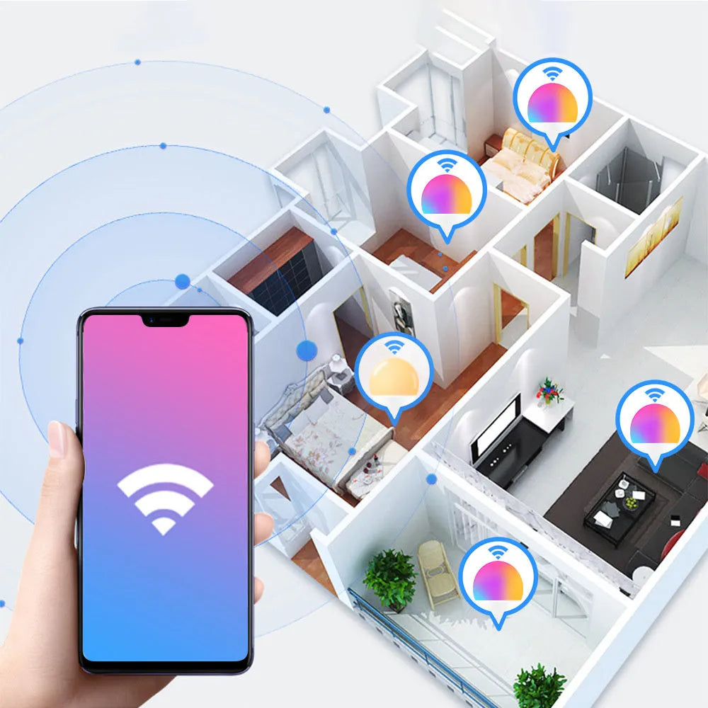 WiFi smart light bulb with RGB colour and white light modes, compatible with B22 and E27 fittings.