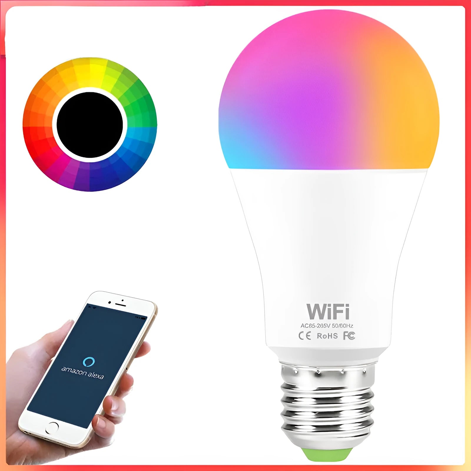 WiFi smart light bulb with RGB colour and white light modes, compatible with B22 and E27 fittings.