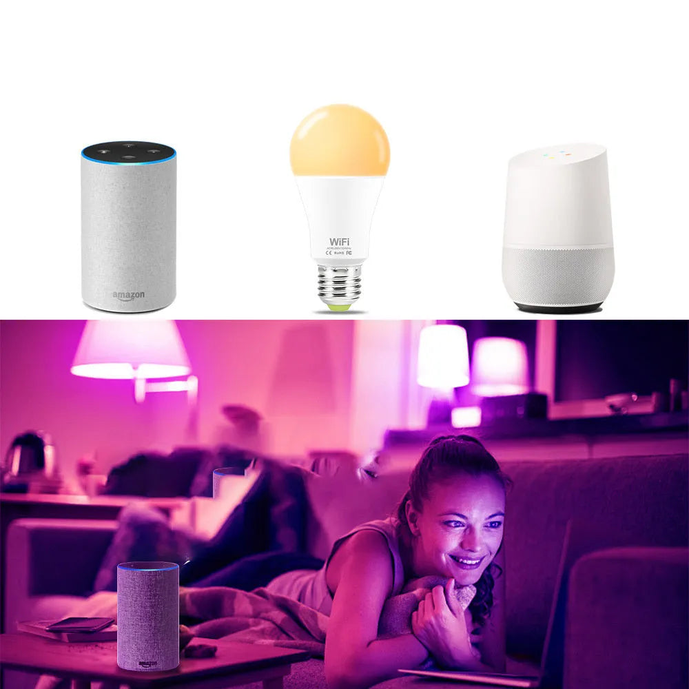WiFi smart light bulb with RGB colour and white light modes, compatible with B22 and E27 fittings.