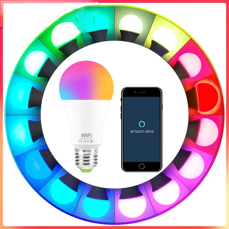 WiFi smart light bulb with RGB colour and white light modes, compatible with B22 and E27 fittings.