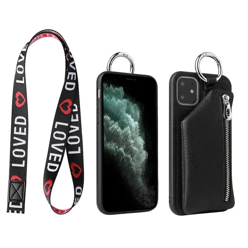 PU leather iPhone crossbody case with detachable lanyard strap in solid colour options