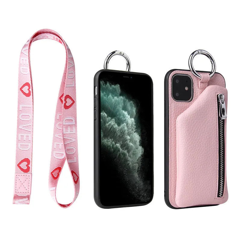 PU leather iPhone crossbody case with detachable lanyard strap in solid colour options