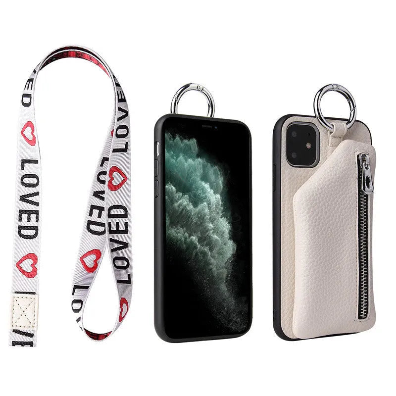 PU leather iPhone crossbody case with detachable lanyard strap in solid colour options
