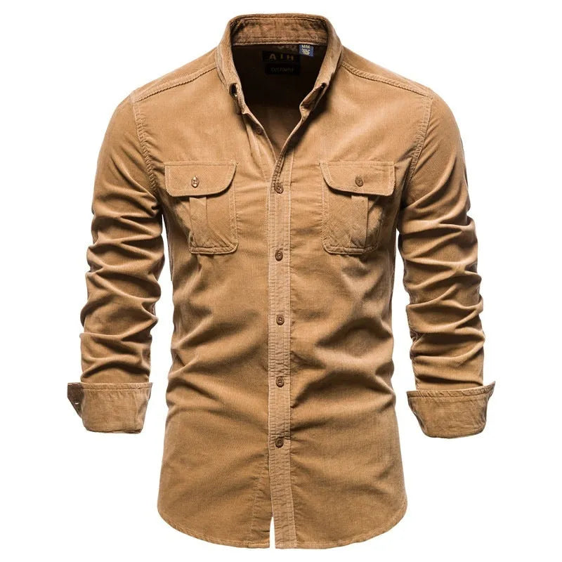 Men's blue linen long-sleeve casual shirt showing front view on hanger.