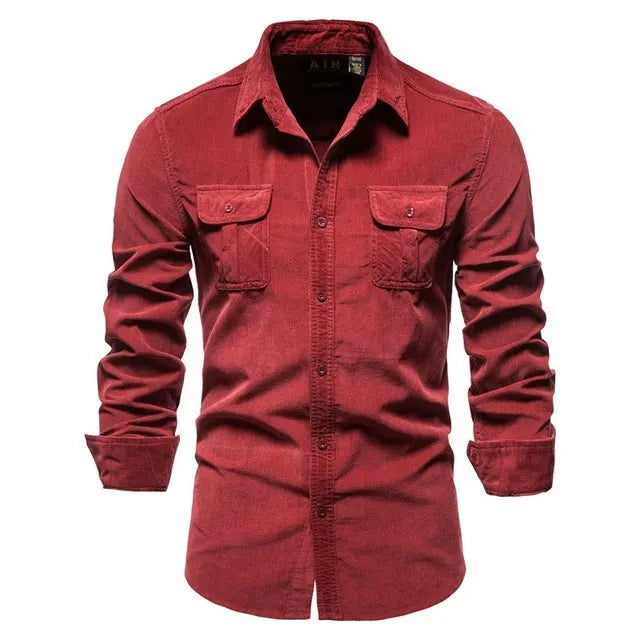 Men's blue linen long-sleeve casual shirt showing front view on hanger.