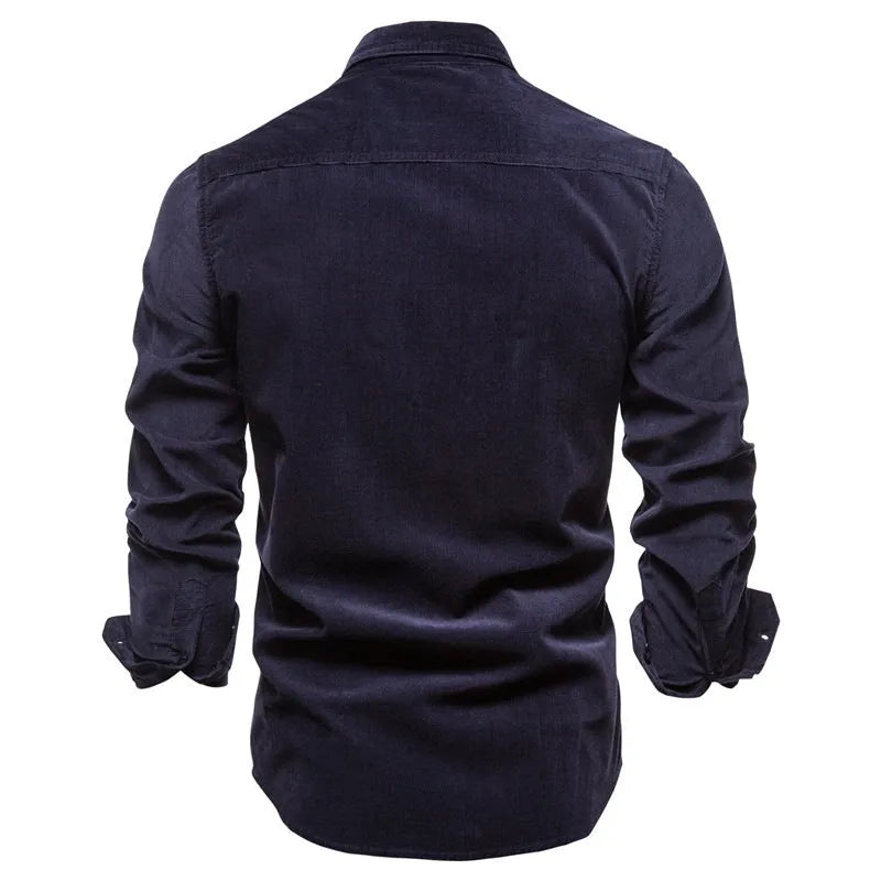 Men's blue linen long-sleeve casual shirt showing front view on hanger.