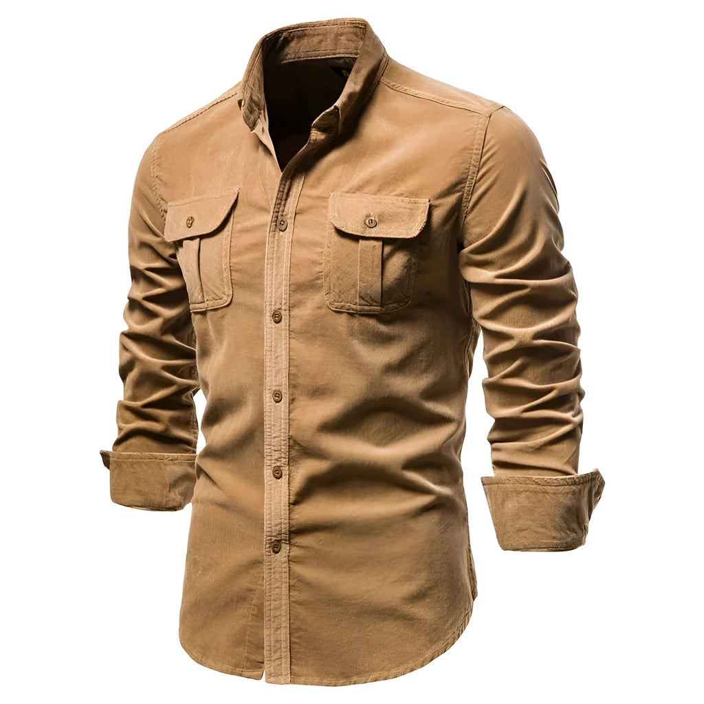 Men's blue linen long-sleeve casual shirt showing front view on hanger.