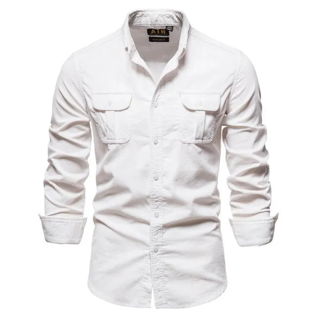 Men's blue linen long-sleeve casual shirt showing front view on hanger.