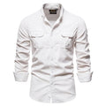 Men's blue linen long-sleeve casual shirt showing front view on hanger.