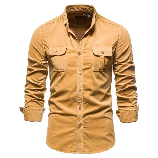 Men's blue linen long-sleeve casual shirt showing front view on hanger.