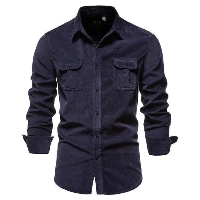 Men's blue linen long-sleeve casual shirt showing front view on hanger.