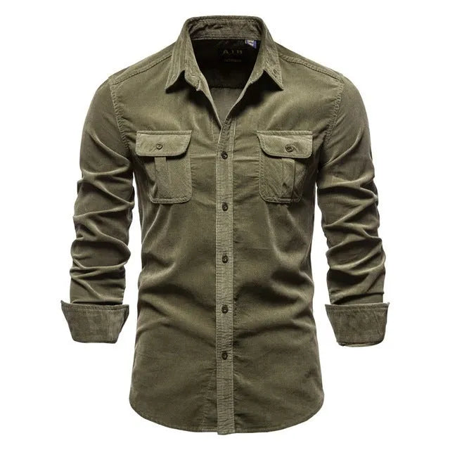 Men's blue linen long-sleeve casual shirt showing front view on hanger.