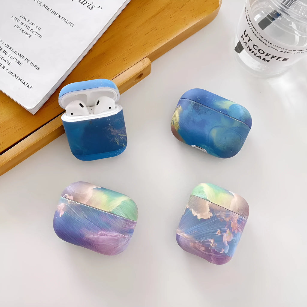Hard shell protective case for AirPods Pro and AirPods 1/2 with watercolour design in pink or blue colour options