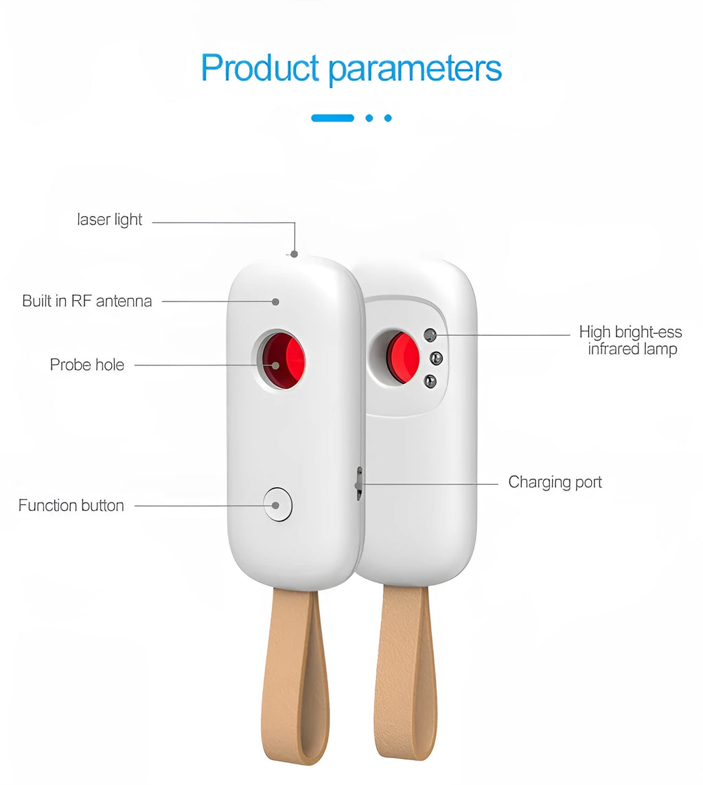 White New-T6 RF detector with ABS body, 77x34x15 mm, scanning 50-3G MHz frequencies with alarm mode