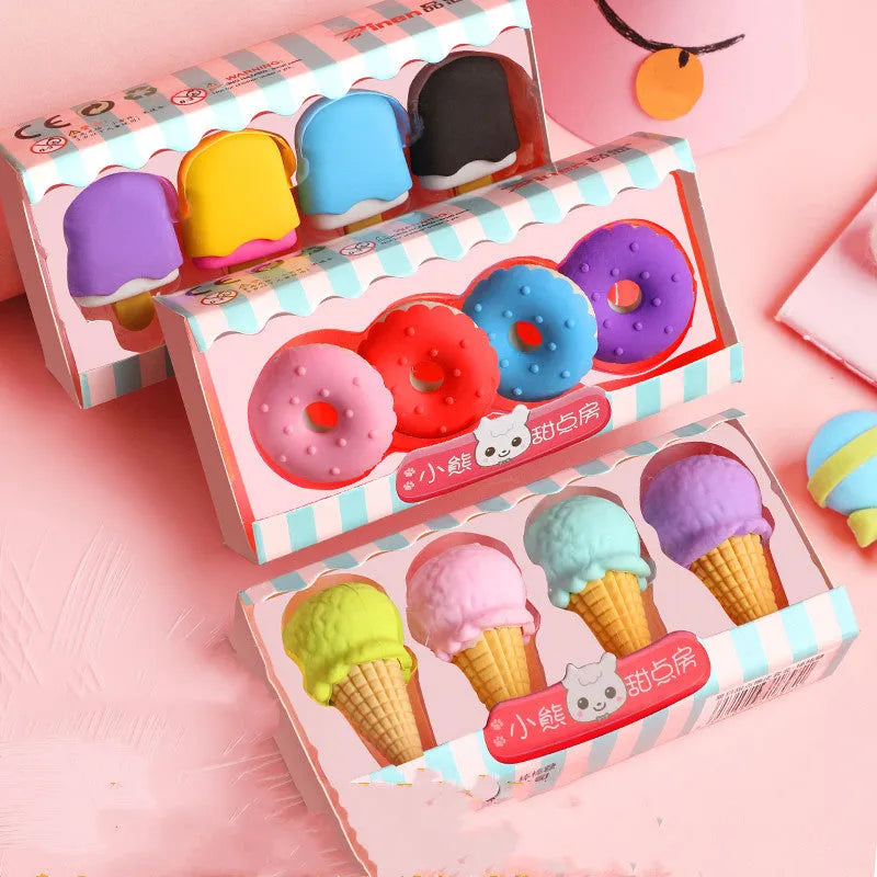Cartoon food themed eraser set for kindergarten children with 12 pieces including ice cream and donut shapes