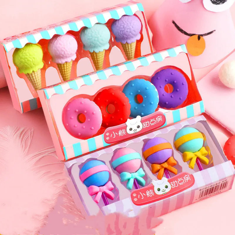 Cartoon food themed eraser set for kindergarten children with 12 pieces including ice cream and donut shapes