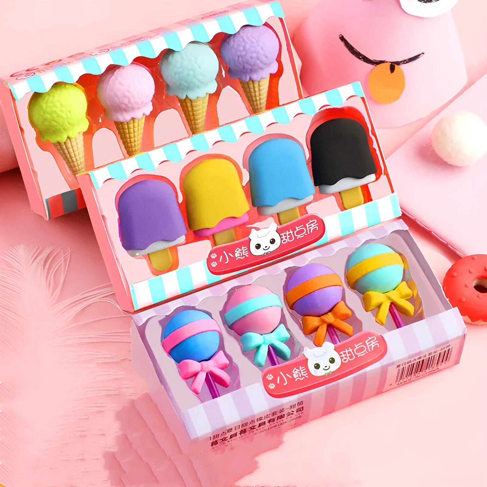 Cartoon food themed eraser set for kindergarten children with 12 pieces including ice cream and donut shapes