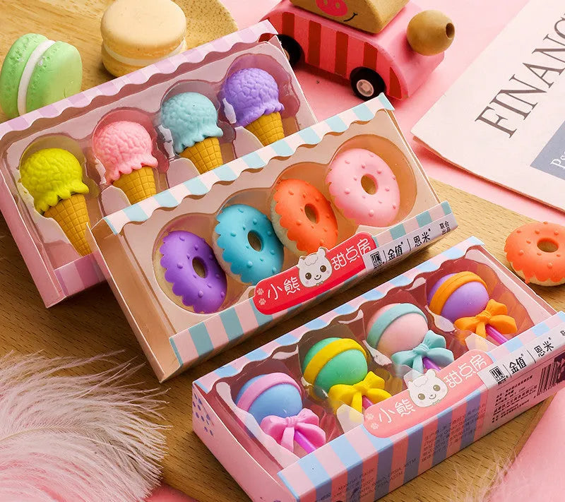 Cartoon food themed eraser set for kindergarten children with 12 pieces including ice cream and donut shapes