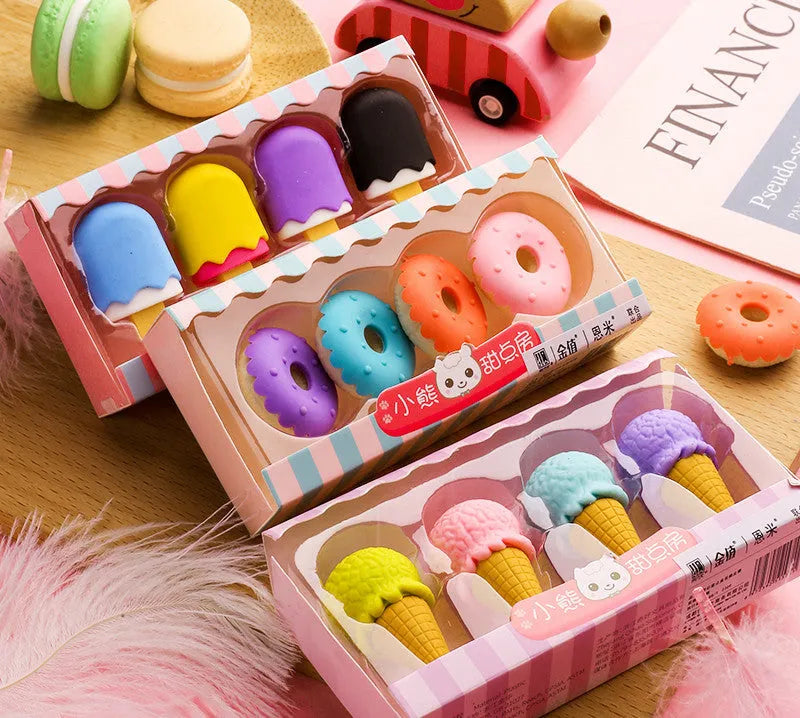 Cartoon food themed eraser set for kindergarten children with 12 pieces including ice cream and donut shapes