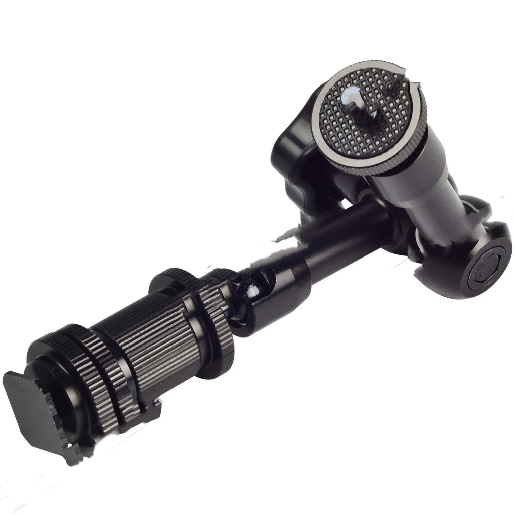 Black all-metal MENGS 7-inch magic friction articulating arm for DSLR cameras with ball heads.