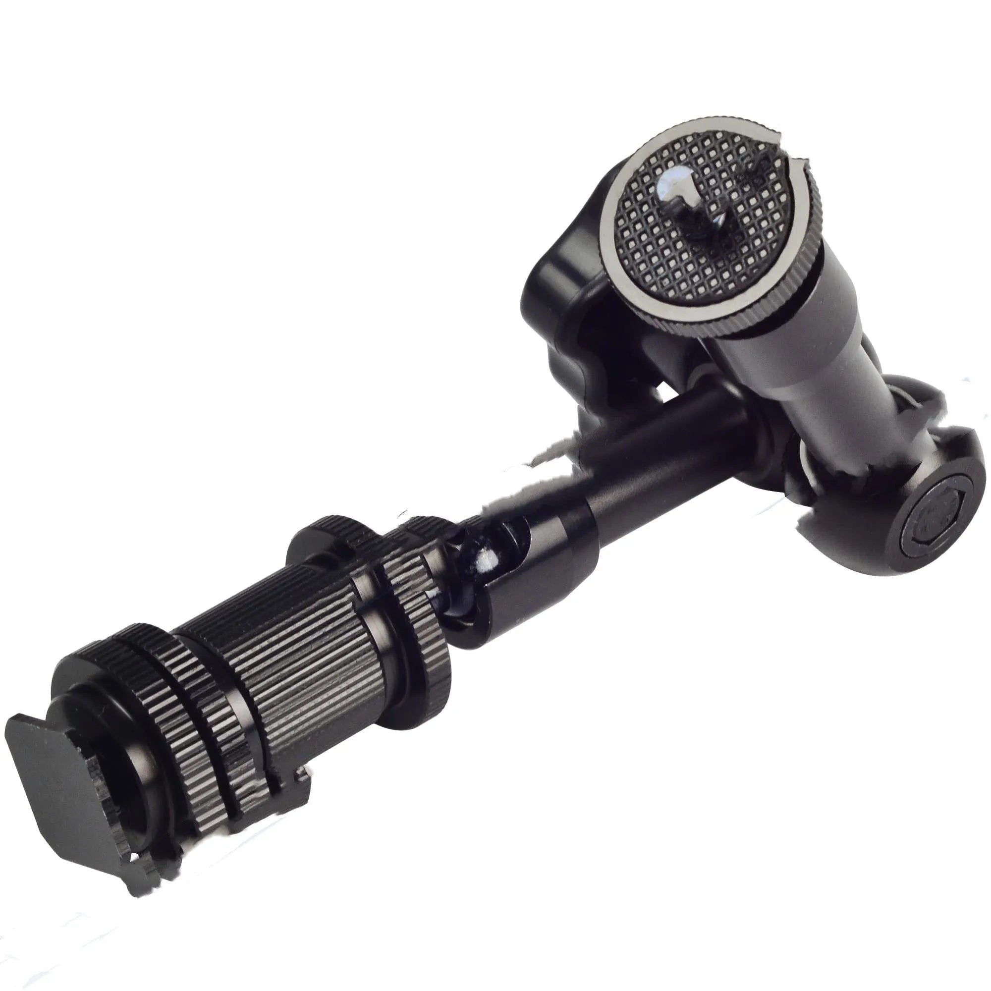 Black all-metal MENGS 7-inch magic friction articulating arm for DSLR cameras with ball heads.