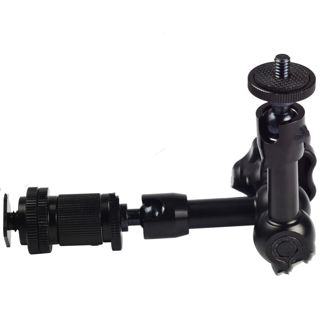 Black all-metal MENGS 7-inch magic friction articulating arm for DSLR cameras with ball heads.
