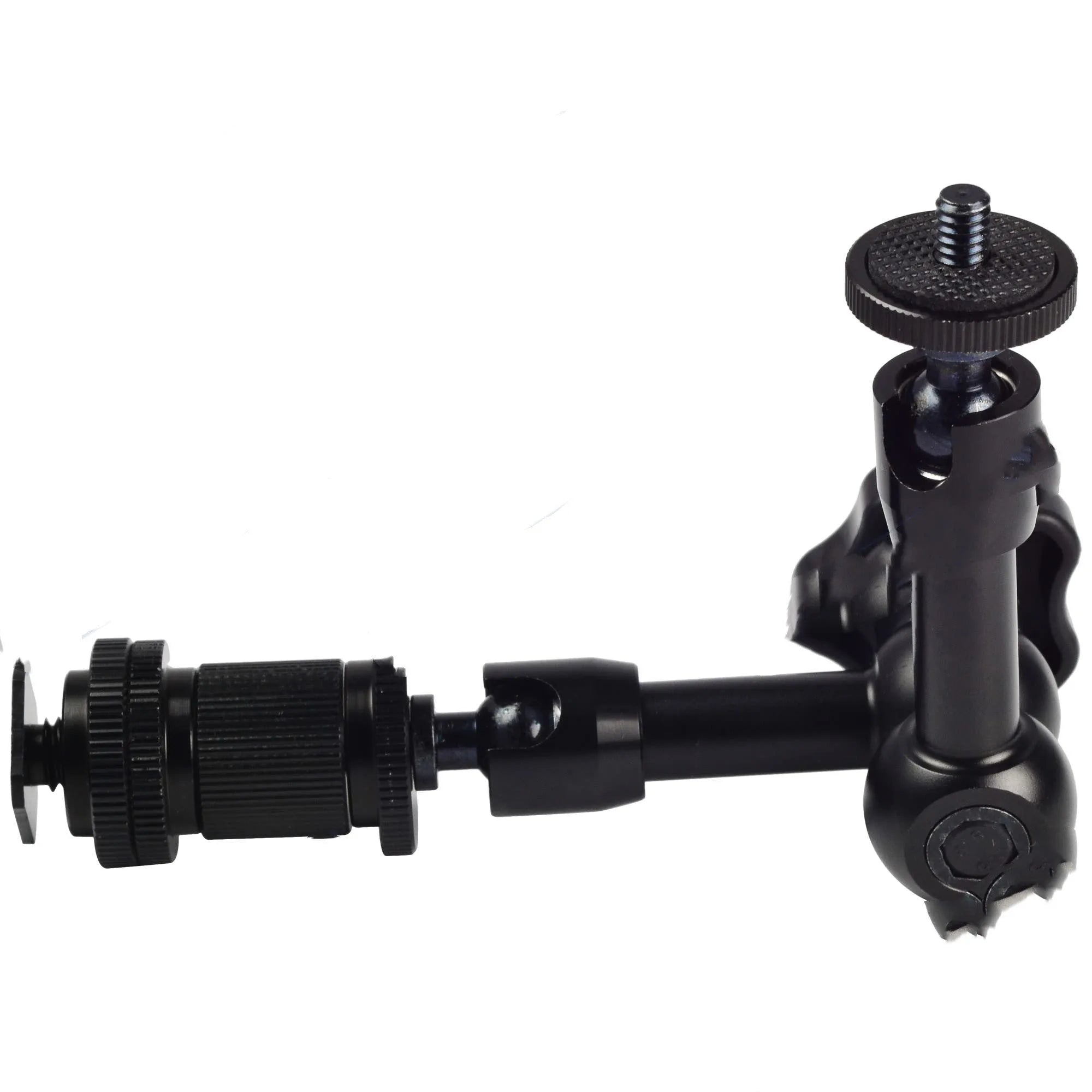 Black all-metal MENGS 7-inch magic friction articulating arm for DSLR cameras with ball heads.