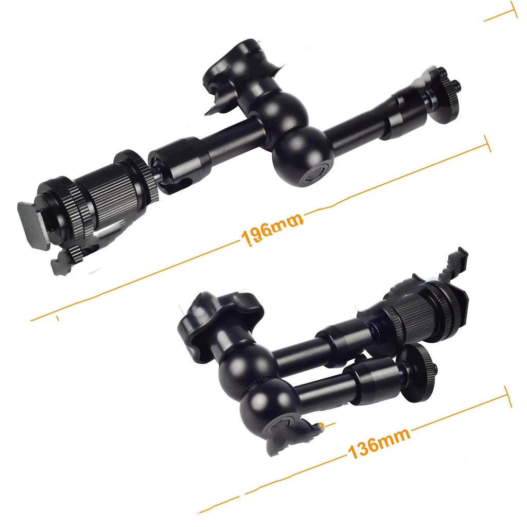 Black all-metal MENGS 7-inch magic friction articulating arm for DSLR cameras with ball heads.