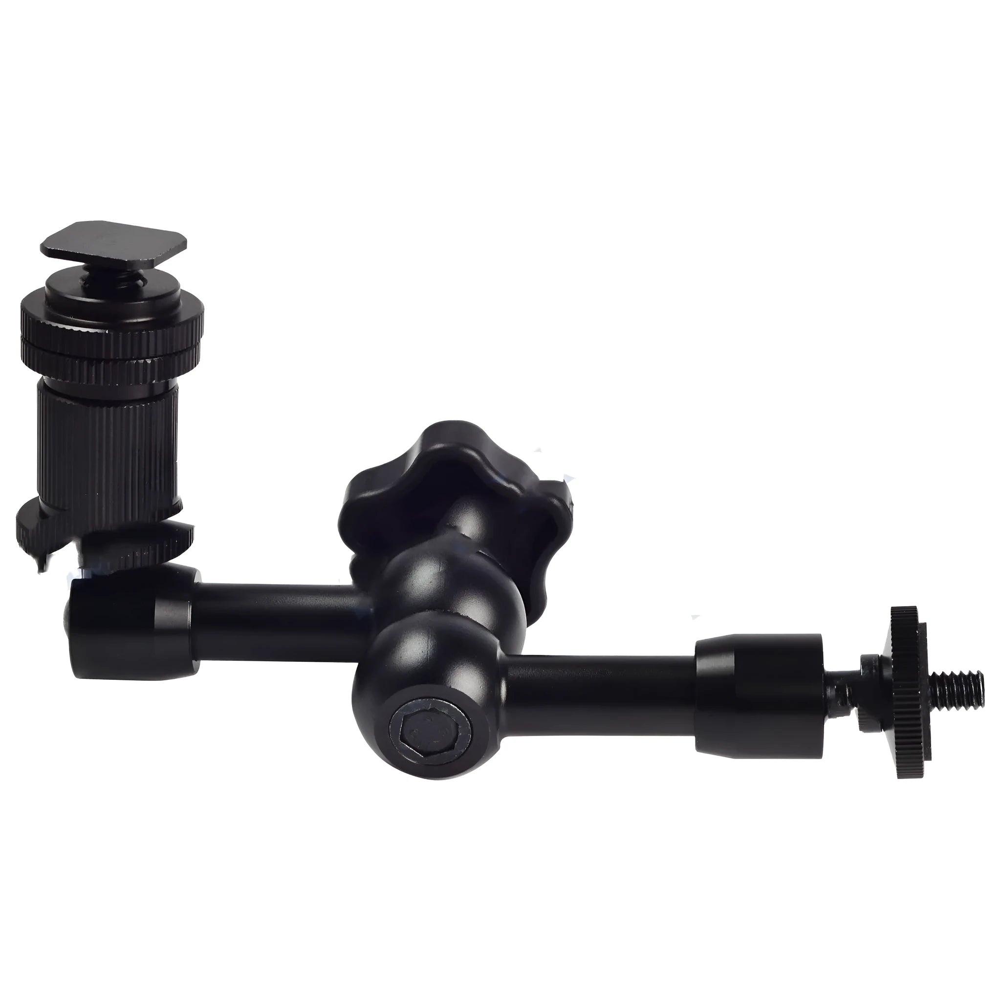 Black all-metal MENGS 7-inch magic friction articulating arm for DSLR cameras with ball heads.