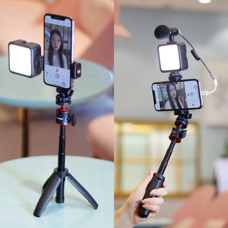 Mobile phone vlog bracket set with adjustable stand, fill light attachment, and selfie stick for video creation