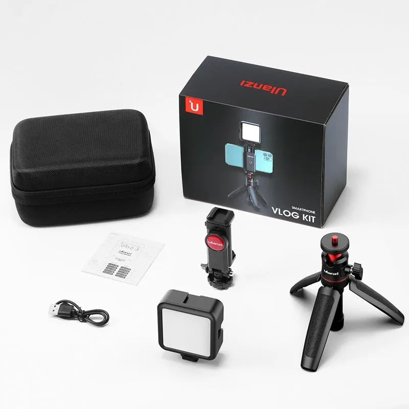Mobile phone vlog bracket set with adjustable stand, fill light attachment, and selfie stick for video creation