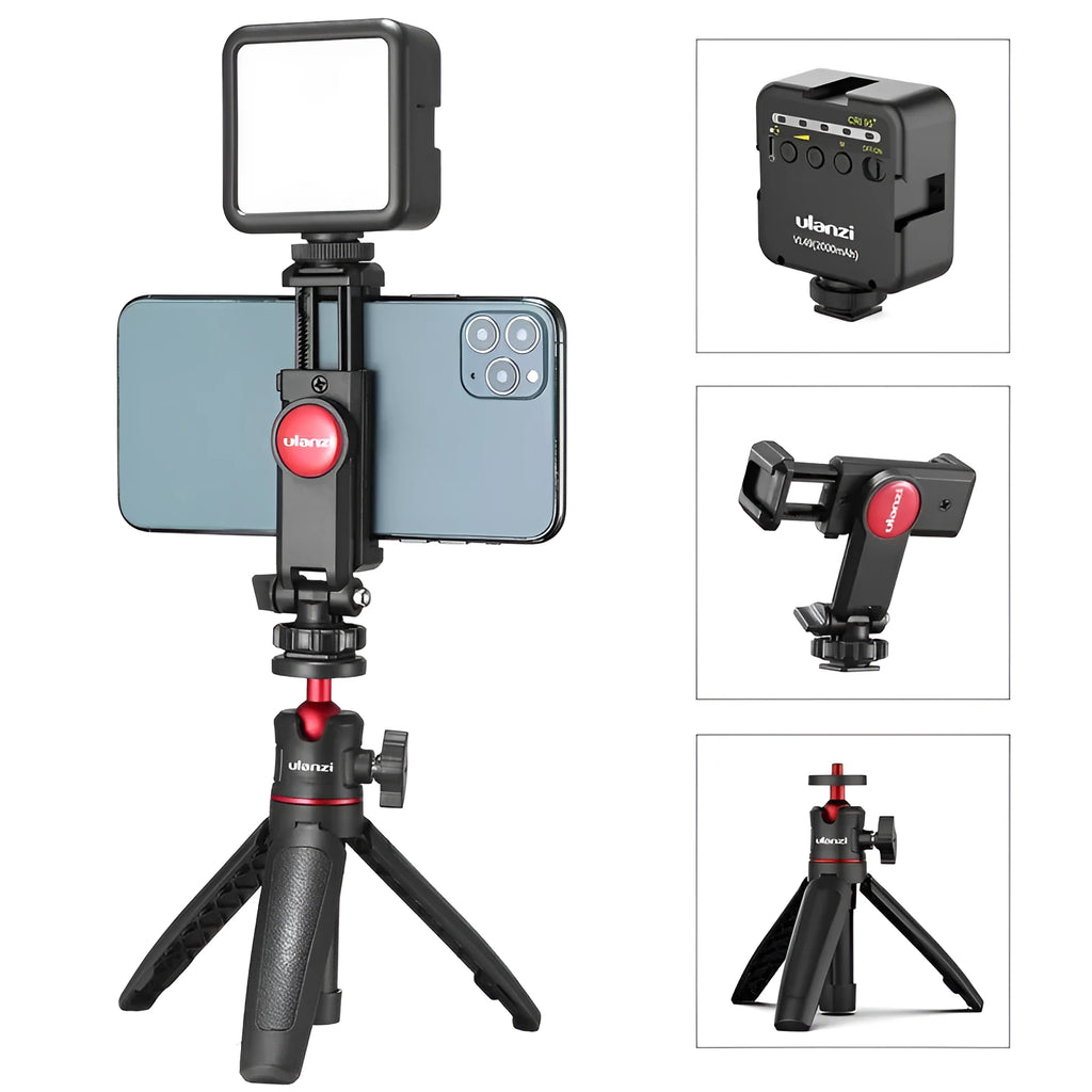 Mobile phone vlog bracket set with adjustable stand, fill light attachment, and selfie stick for video creation
