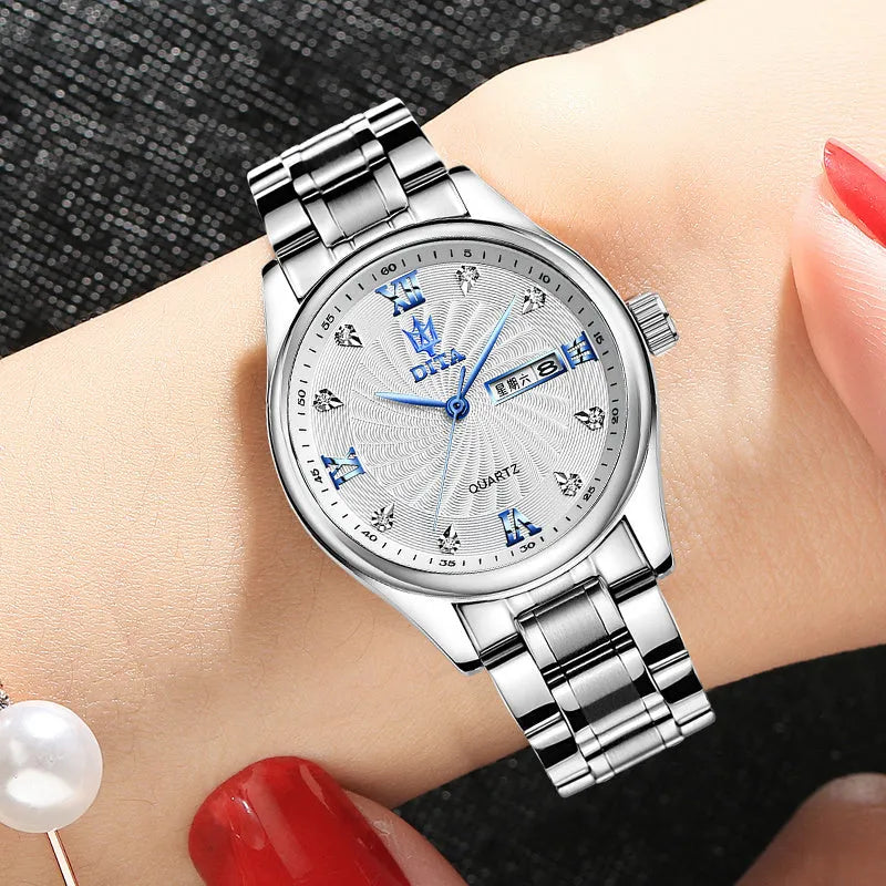 New couple models men's and women's waterproof quartz watches round dial metal strap rhinestone black silver