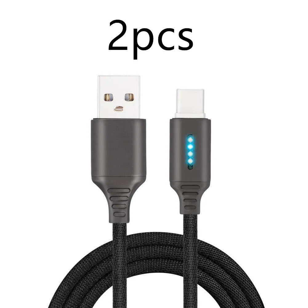 Black fabric braided USB charging cable with Type-C connector, shown at full 1-metre length.