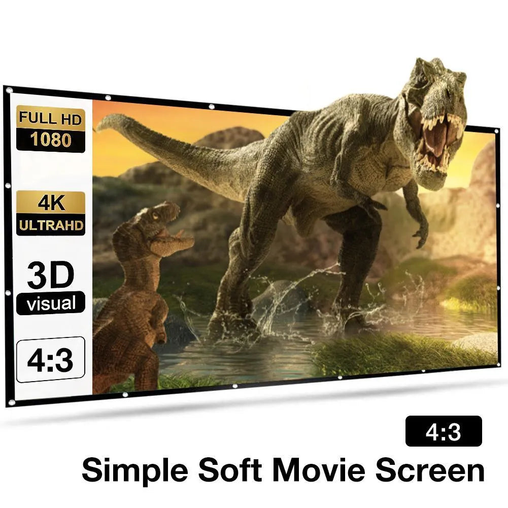 White foldable polyester projection screen showing 150-inch 4:3 size for office or home use.
