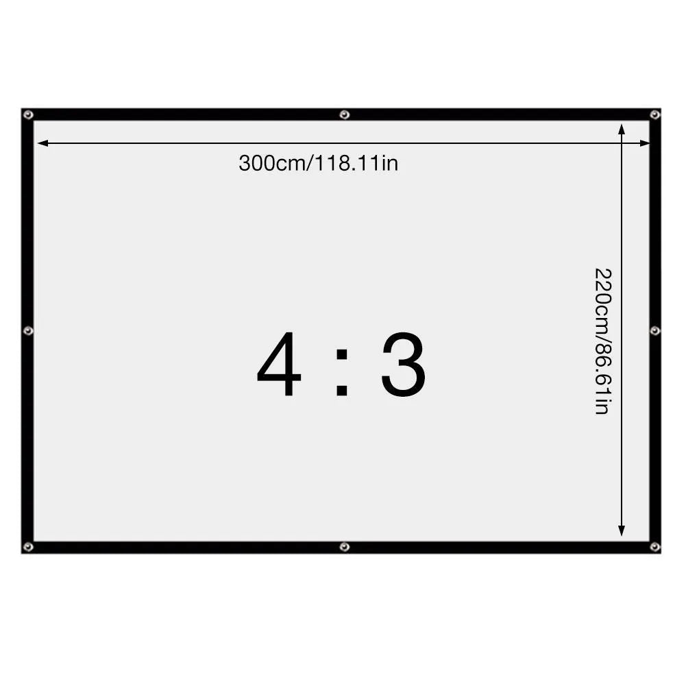 White foldable polyester projection screen showing 150-inch 4:3 size for office or home use.