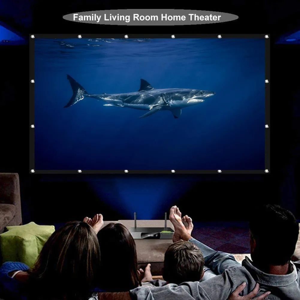 White foldable polyester projection screen showing 150-inch 4:3 size for office or home use.